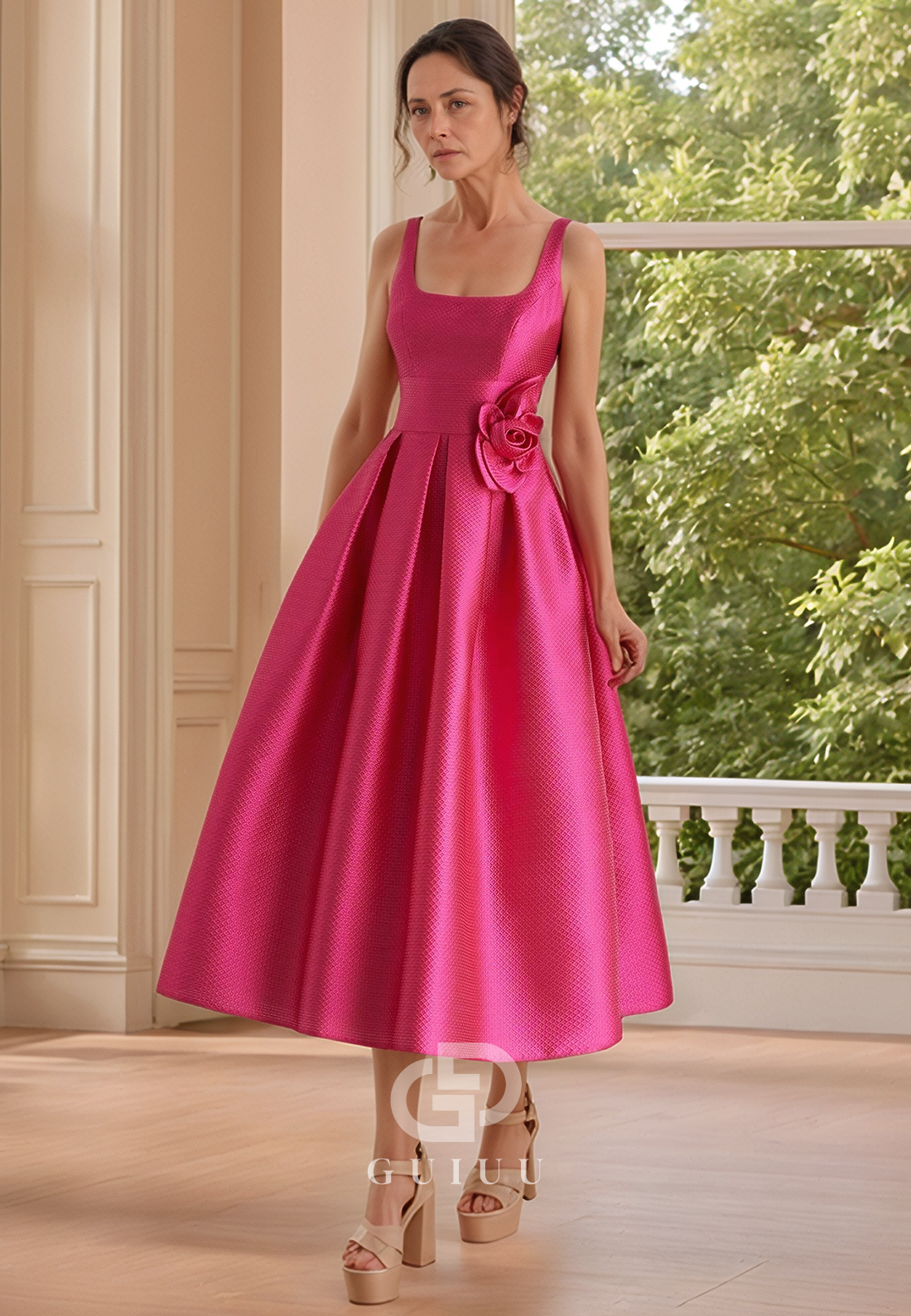 Fuchsia A-Line Spaghetti Straps Square Backless Mother of the Bride Dress