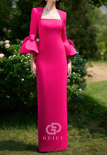 Fuchsia Long Sleeves Square  Satin Evening Dress