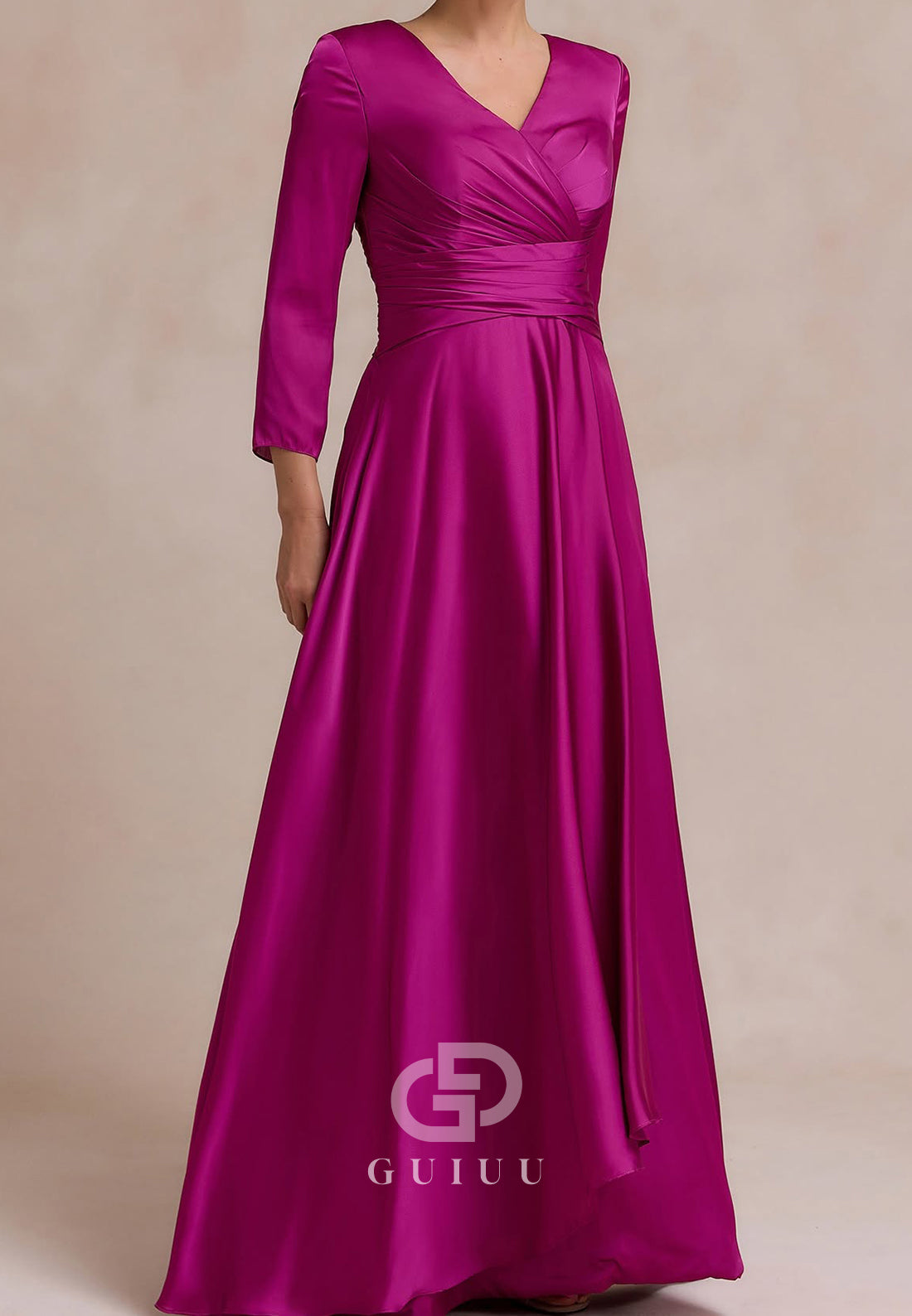 Fuchsia Long Sleeves V-Neck Empire-Waist Mother of the Bride Dress