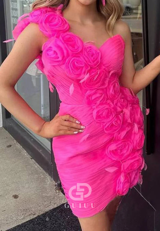 Fuchsia One Shoulder Sleeveless Floral Appliques Mini Homecoming Dress