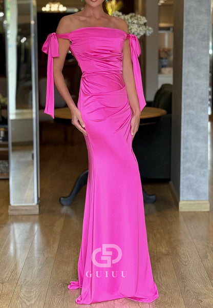 Fuchsia Sheath Off-Shoulder Ruched Slit Evening Dress