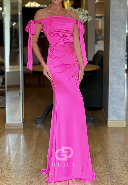 Fuchsia Sheath Off-Shoulder Ruched Slit Evening Dress
