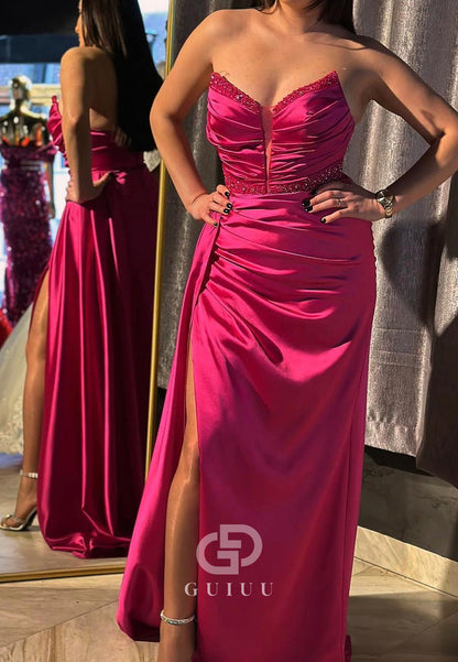 Fuchsia Sleeveless Strapless Ruched Corset Prom Dress