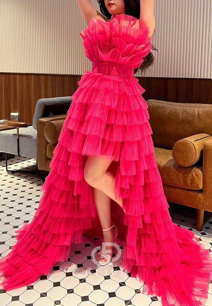 Fuchsia Sleeveless Strapless Ruffles Lace  Prom Dress