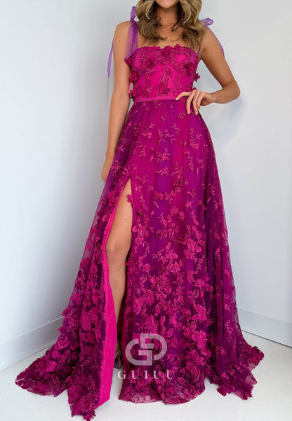Fuchsia Spaghetti Straps Scoop Slit Appliques Prom Dress