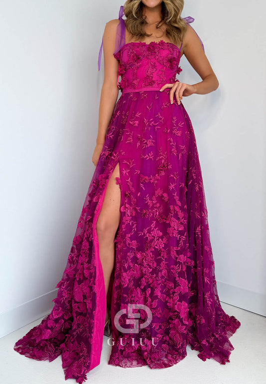 Fuchsia Spaghetti Straps Scoop Slit Appliques Prom Dress