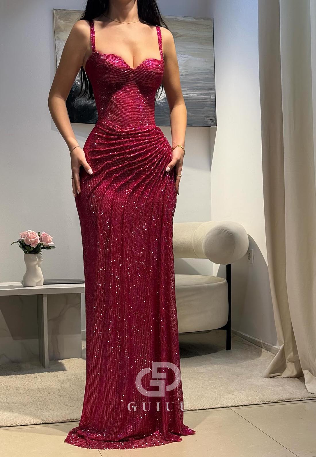 Fuchsia Spaghetti Straps Sweetheart Corset Prom  Dress