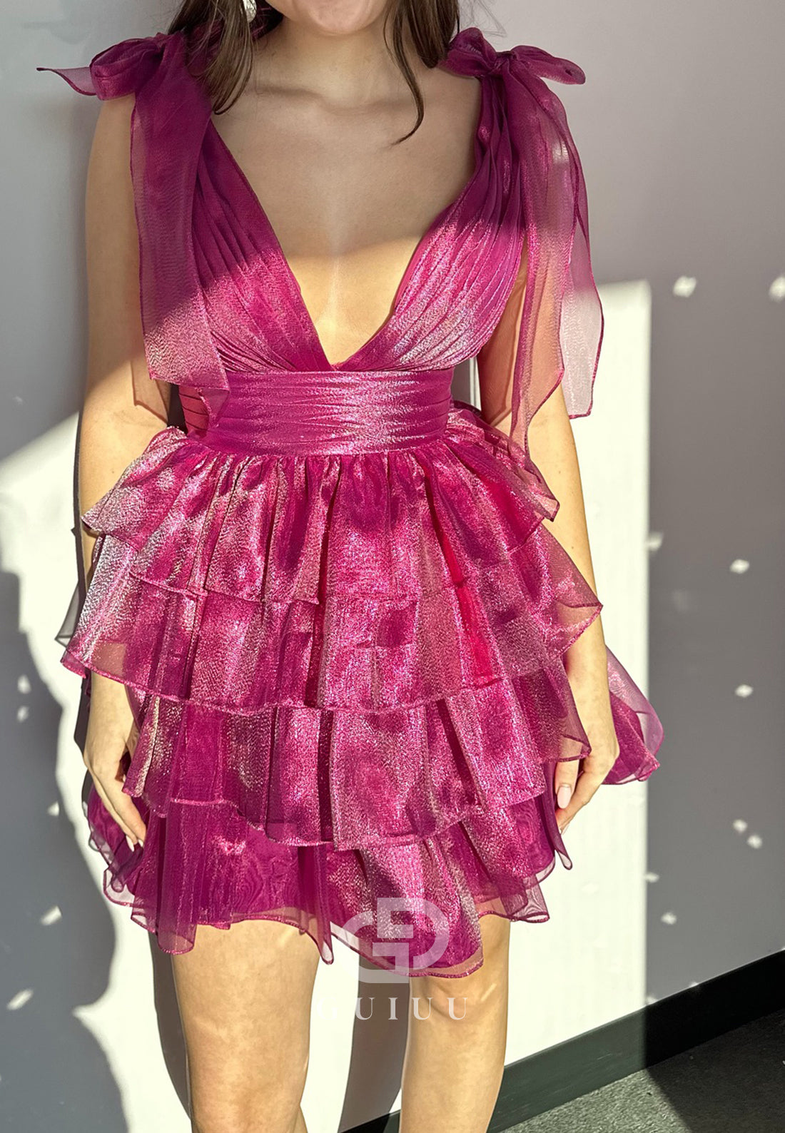 Fuchsia Spaghetti Straps V-Neck Ruffles Homecoming Dress
