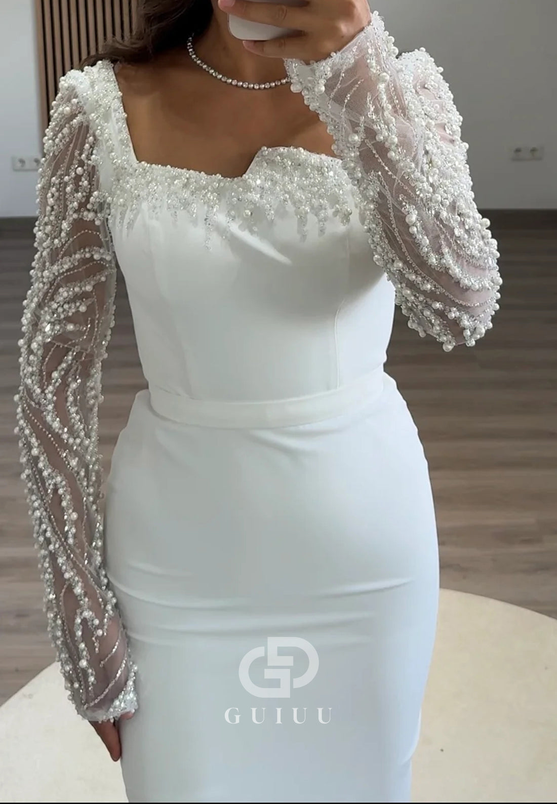 White Long Sleeves Square Sequins Sheath Prom Dress