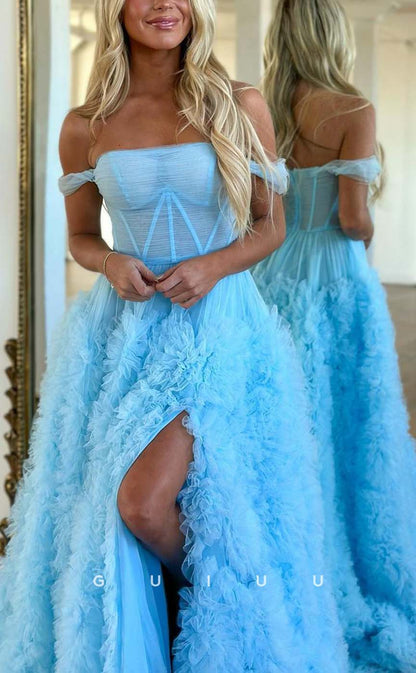 G2383 - Classic & Timeless Off-Shoulder Sheer Ball Gown Prom Dress With Slit