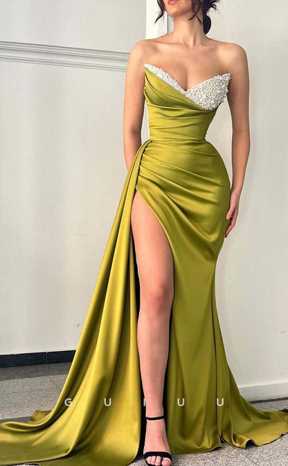 G2392 - Sexy/Hot Strapless V-Neck Satin Pleats Evening Prom Dress