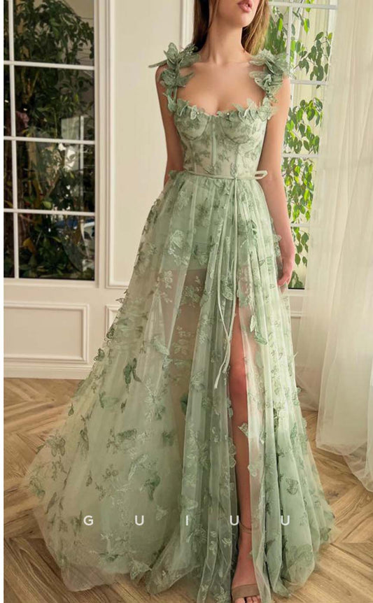 G2394 - Elegant A-Line Appliques Tulle Evening Prom Dress With Slit