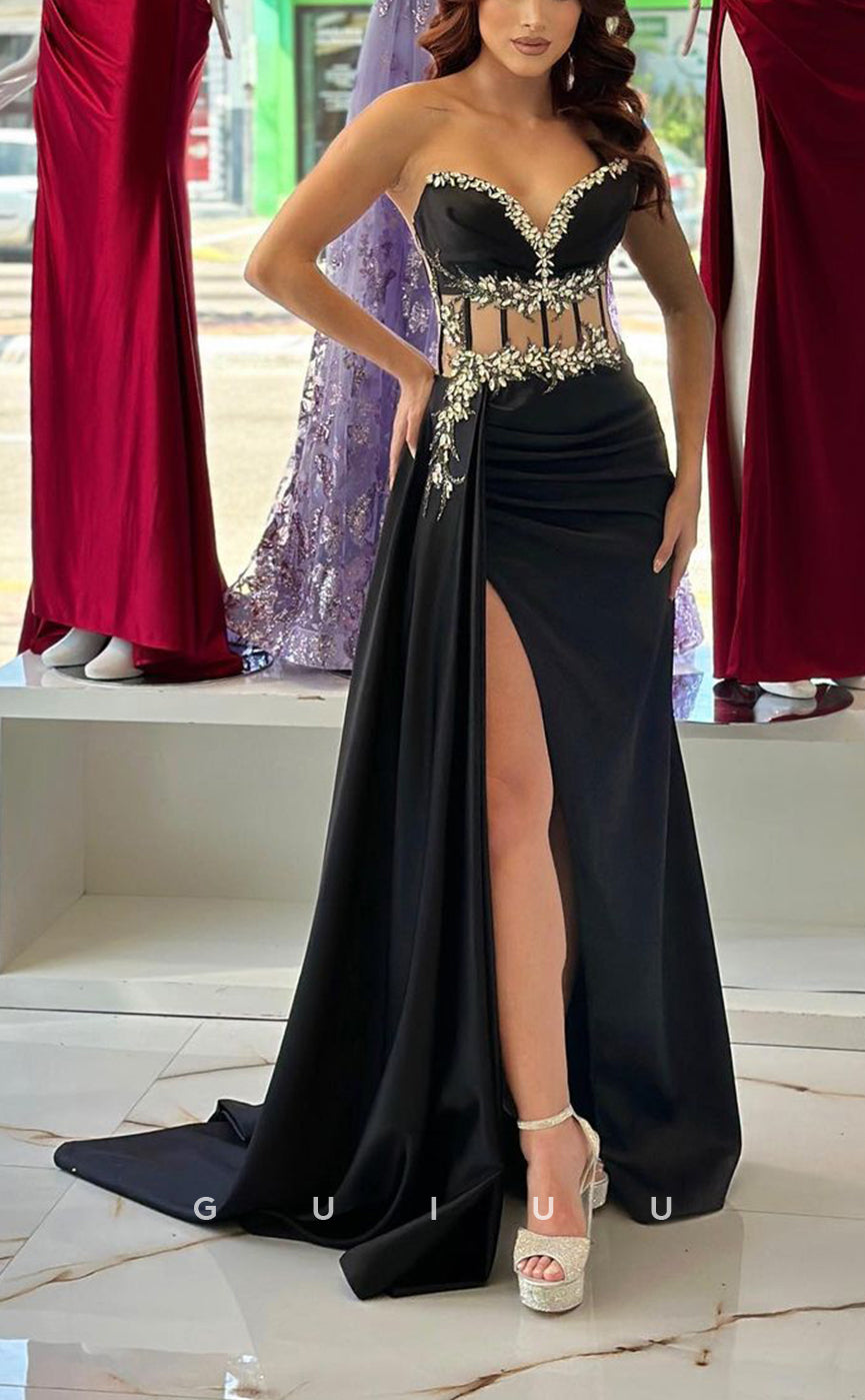 G2452 - Chic & Modern Beaded Sheer Pleats Long Evening Prom Dress