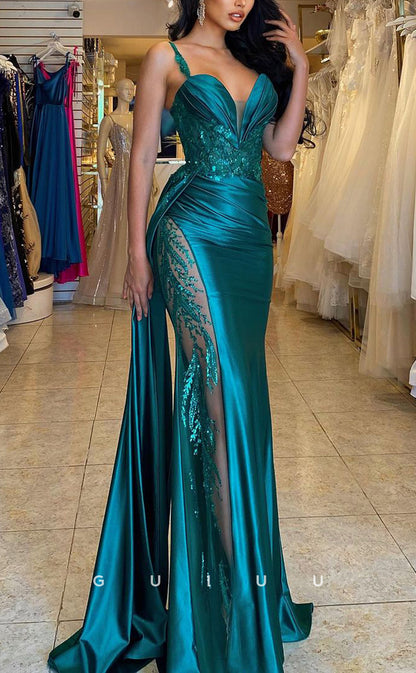 G2537 - Sexy & Hot Straps V-Neck Sequins Satin Long Prom Evening Dresses