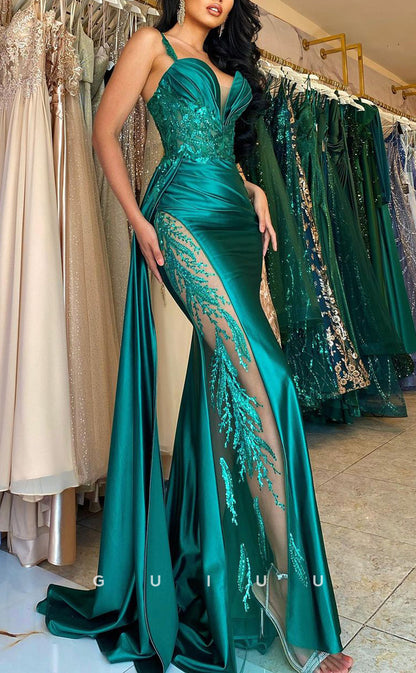 G2537 - Sexy & Hot Straps V-Neck Sequins Satin Long Prom Evening Dresses
