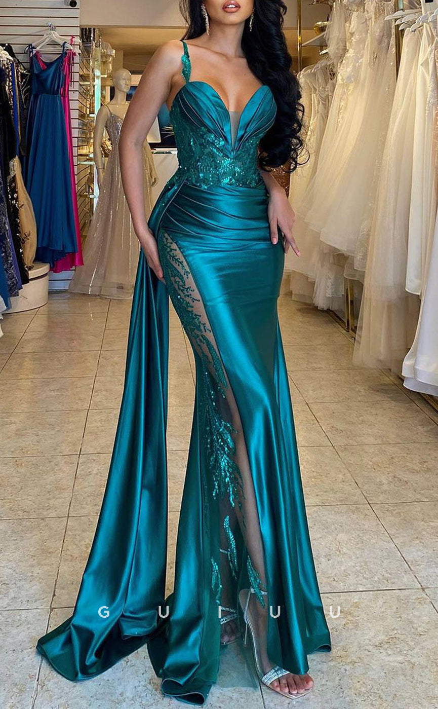G2537 - Sexy & Hot Straps V-Neck Sequins Satin Long Prom Evening Dresses