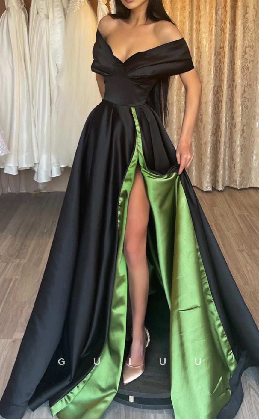 G2553 - Chic & Modern Off-Shoulder Two Tone Long Prom Evening Dresses With Slit