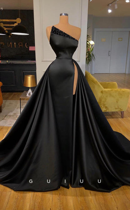 G2608 - Chic & Modern A-Line Satin One Shoulder Prom Evening Dresses With Slit