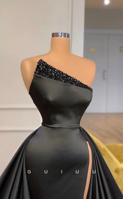 G2608 - Chic & Modern A-Line Satin One Shoulder Prom Evening Dresses With Slit