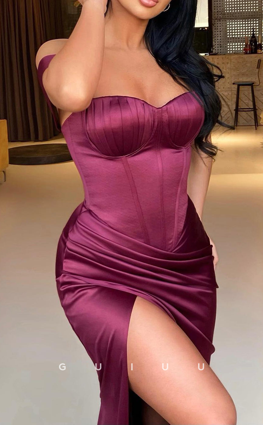 G2635 - Classic & Timeless Off-Shoulder Saitn Ruched Prom Evening Party Dress