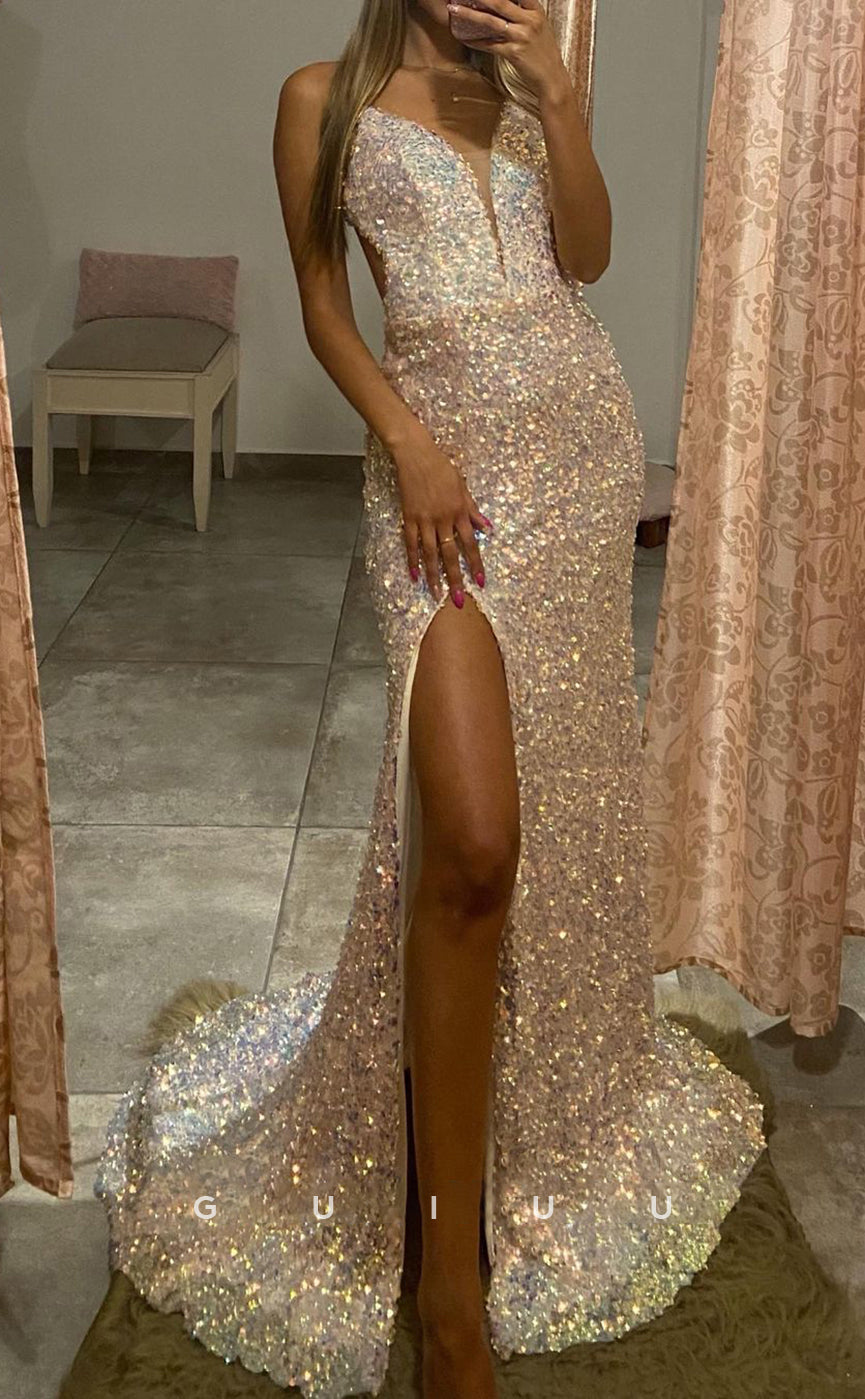 G2745 - Chic & Modern Glitter V-Neck Sequins Long Prom Evening Dress With Slit