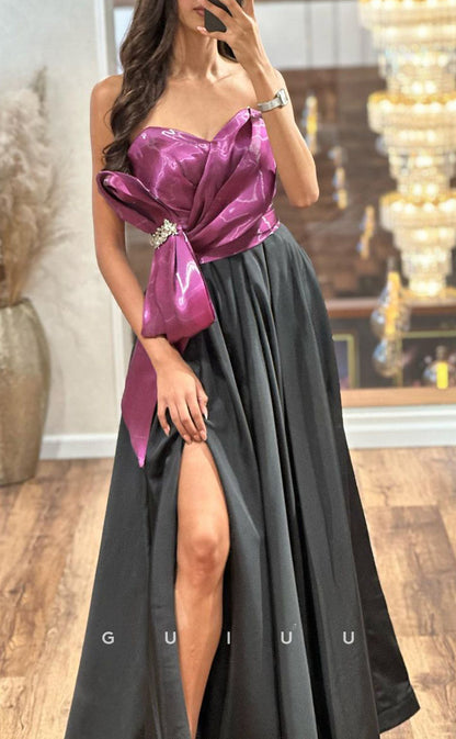 G2981 - Chic & Modern A-Line Strapless Pleats Beaded Long Formal Prom Dress