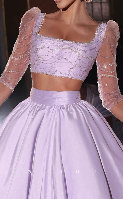 G2990 - A-Line Square Beaded Two-Piece Lilac Long Formal Prom Dress