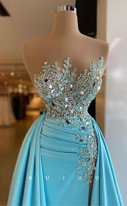 G3005 - Elegant Strapless Sheer Applique Beaded Pleats Long Formal Prom Dress