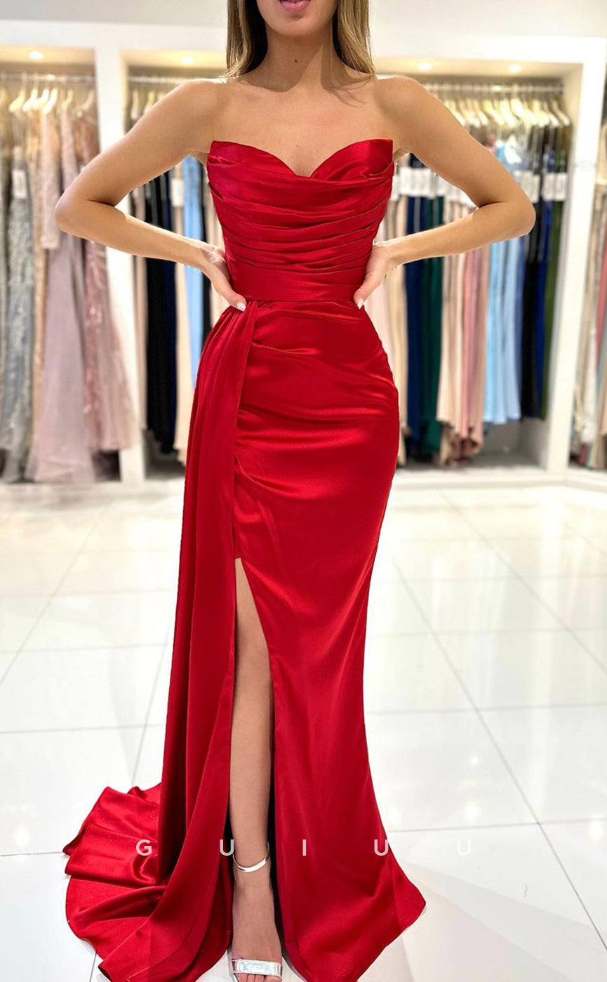 G3040 - Chic & Modern Sweetheart Pleats Long Formal Prom Dress With Slit