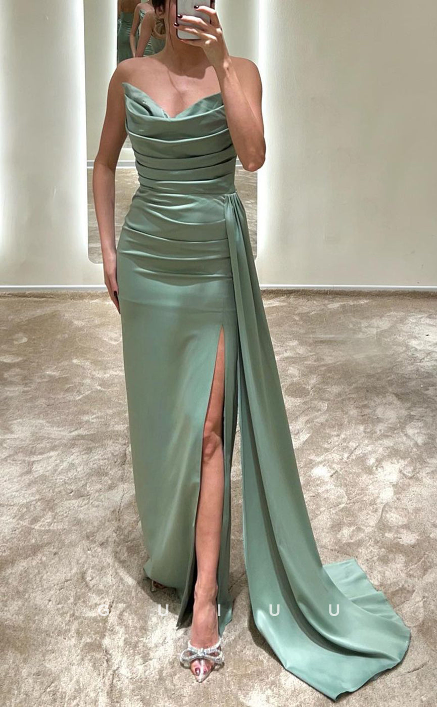 G3059 - Chic & Modern Satin Strapless Pleats Long Formal Prom Dress With Train