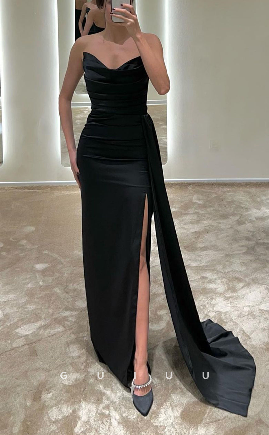 G3059 - Chic & Modern Satin Strapless Pleats Long Formal Prom Dress With Train