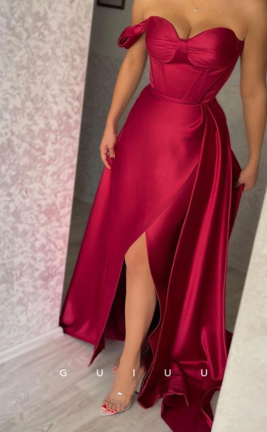 G3349 - Classic & Timeless A-Line Sweetheart One Shoulder Sweep Train Side Slit Draped Formal Party Dress