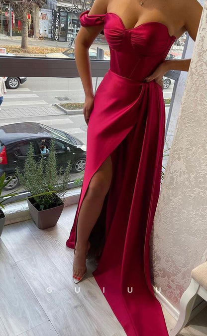 G3349 - Classic & Timeless A-Line Sweetheart One Shoulder Sweep Train Side Slit Draped Formal Party Dress