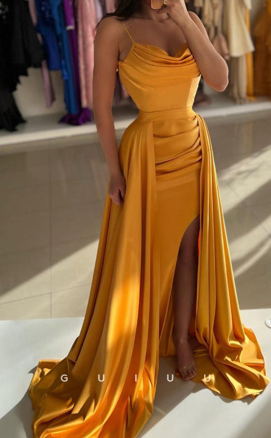 G3364 - Chic & Modern Sheath Sweetheart A- Line Side Slit Satin Brush Train Draped Ball Gown Prom Dress