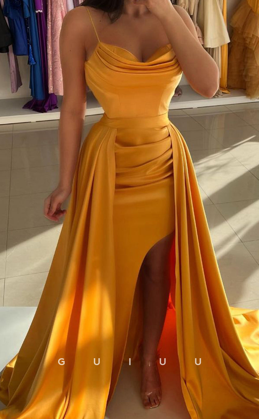 G3364 - Chic & Modern Sheath Sweetheart A- Line Side Slit Satin Brush Train Draped Ball Gown Prom Dress