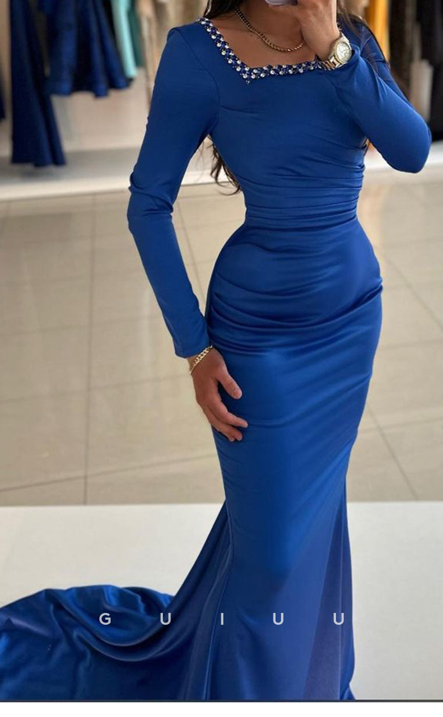 G3368 - Classic & Timeless Sheath Square Trumpet Sweep Train Beaded Ball Gown Prom Dress