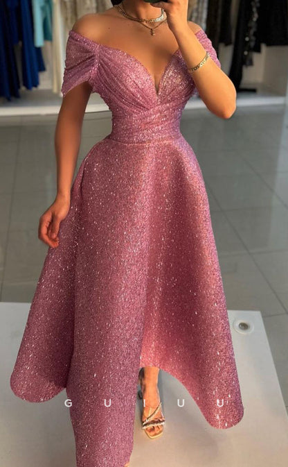 G3375 - Sexy & Hot A-Line Off Shoulder Sweetheart Ankle-Length Glitter Gown Prom Dress