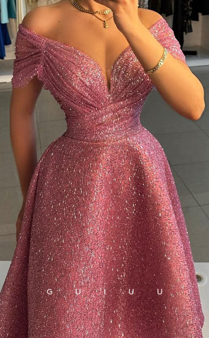 G3375 - Sexy & Hot A-Line Off Shoulder Sweetheart Ankle-Length Glitter Gown Prom Dress