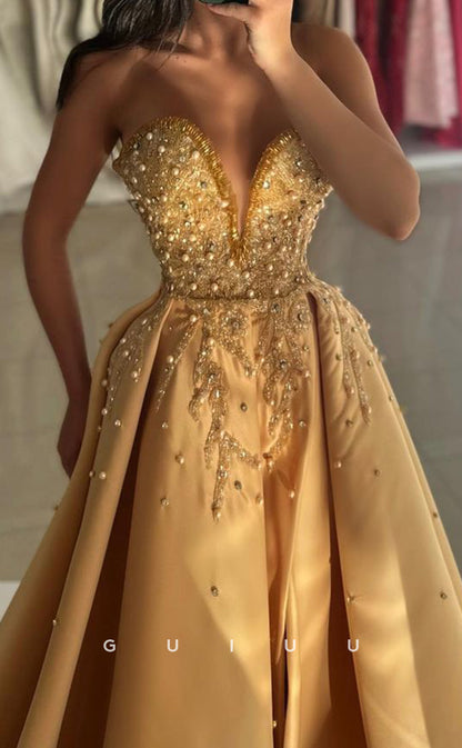 G3391 - Classic & Luxurious A-Line Sweetheart Beaded Side Slit Ball Gown Prom Dress