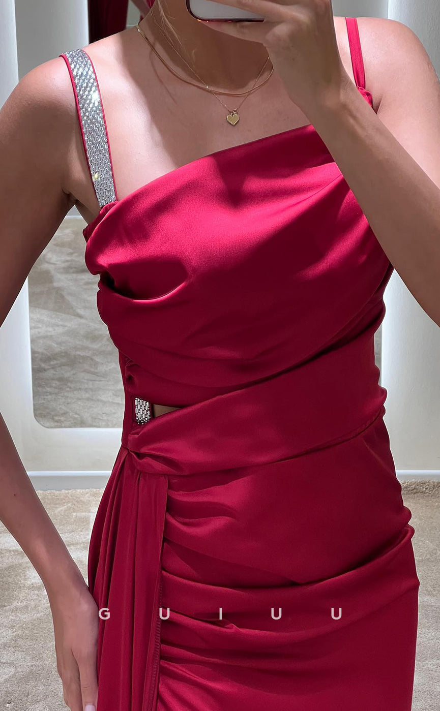 G3416 - Classic & Timeless Sheath Asymmetrical Straps Draped Sweep Train Beaded Ball Gown Prom Dress