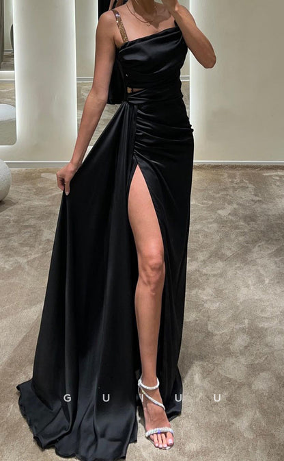 G3416 - Classic & Timeless Sheath Asymmetrical Straps Draped Sweep Train Beaded Ball Gown Prom Dress