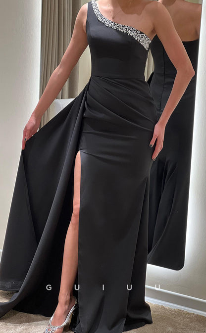G3418 - Sexy & Chic Sheath One Shoulder Beaded High Side Slit Detachable Halter Ball Gown Prom Dress