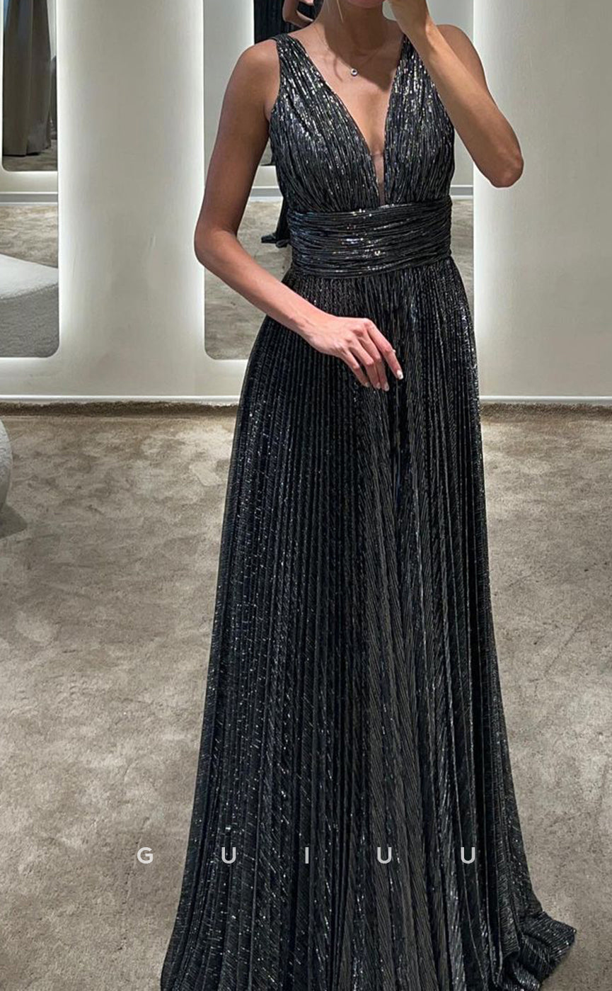 G3419 - Classic & Timeless Plunging V-Neck Straps Draped Floor-Length Ball Gown Prom Dress