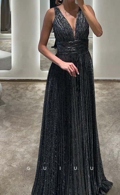 G3419 - Classic & Timeless Plunging V-Neck Straps Draped Floor-Length Ball Gown Prom Dress