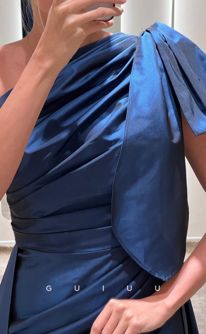G3420 - Simple & Modern Sheath One Shoulder Side Slit Bowknot Overskirt Floor-Length Evening Gown Prom Dress