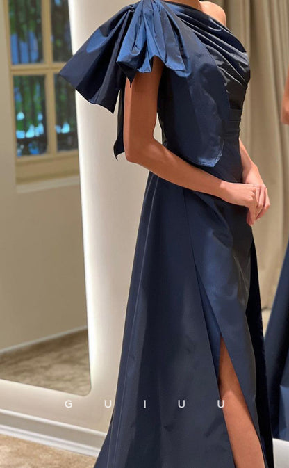 G3420 - Simple & Modern Sheath One Shoulder Side Slit Bowknot Overskirt Floor-Length Evening Gown Prom Dress