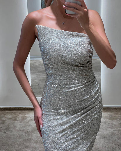 G3422 - Sexy & Hot Trumpet Asymmatrical Strapless Fully Sequined Side Slit Floor-Length Evening Party Gown Prom Dress