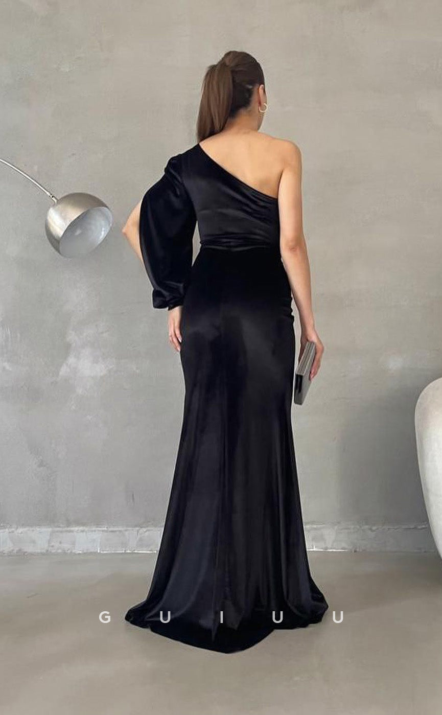 G3428 - Sexy & Hot Sheath One Shoulder Long Sleeves Draped High Side Slit Floor-Length Evening Party Gown Prom Dress