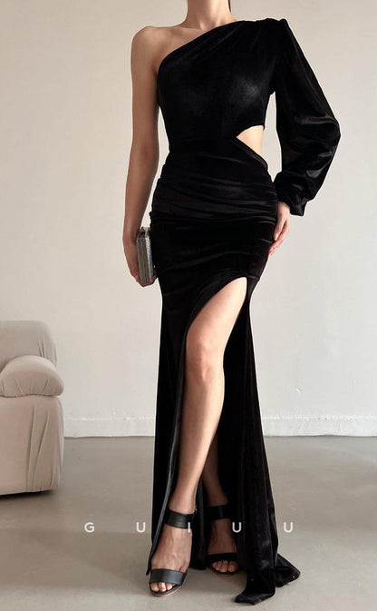 G3430 - Sexy & Hot Sheath One Shoulder Long Sleeves High Side Slit Draped Floor-Length Party Prom Dress