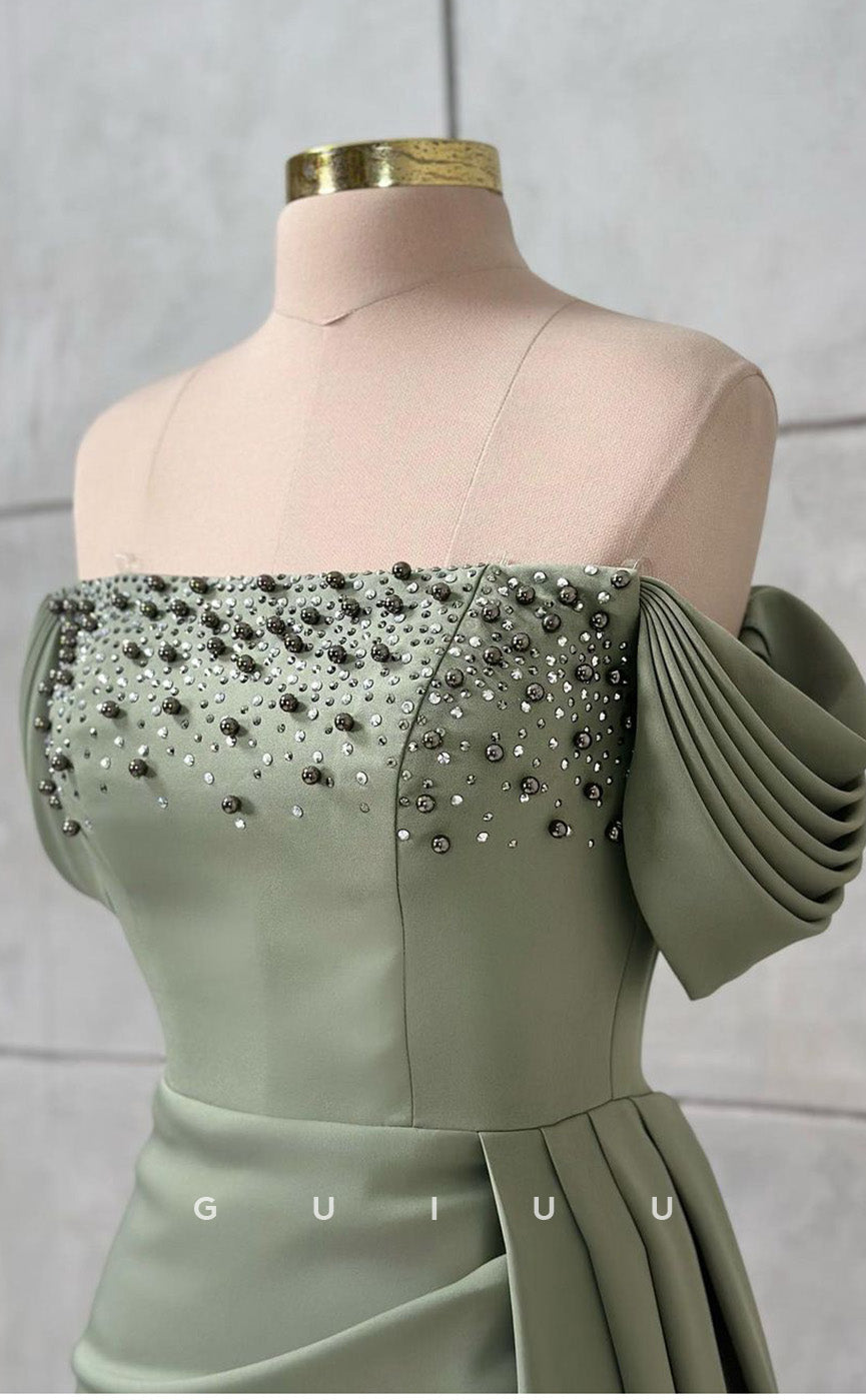 G3433 - Classic & Timeless Off Shoulder Beaded With Double Slit Draped Sweep Train Floor-Length Evening Gown Prom Dress